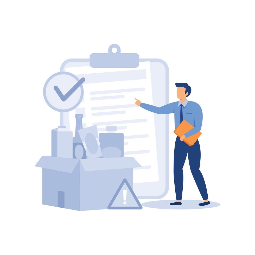 Ilustración de vector de concepto abstracto de control de seguridad de producto. equipo de fabricación, trabajo de prueba e inspección de productos, señal de protección, etiqueta de información, metáfora abstracta de control de laboratorio.