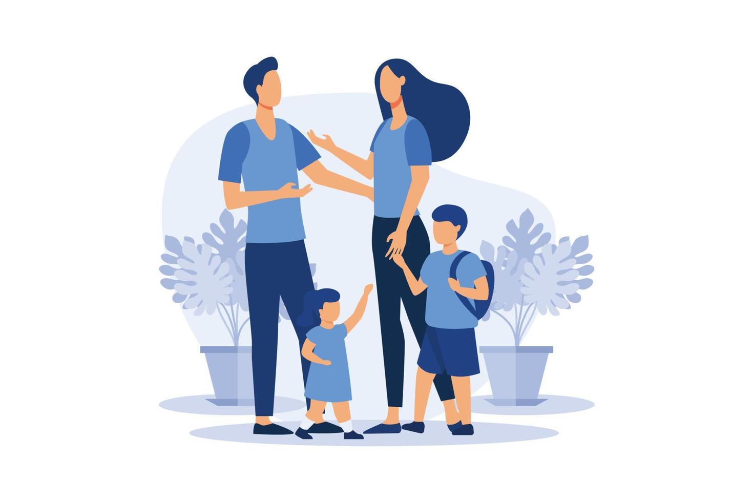 una familia feliz, madre padre hija hijo tomándose de la mano y abrazándose, familia próspera completa vector plana ilustración de diseño moderno