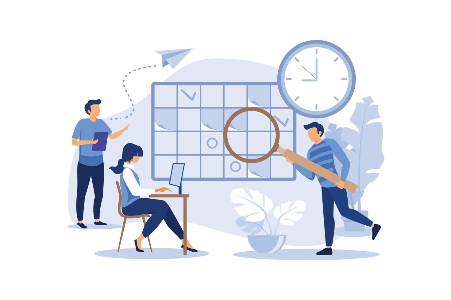 whiteboard with schedule plans, work planning, daily routine, people filling out the schedule in the table vector flat modern design illustration