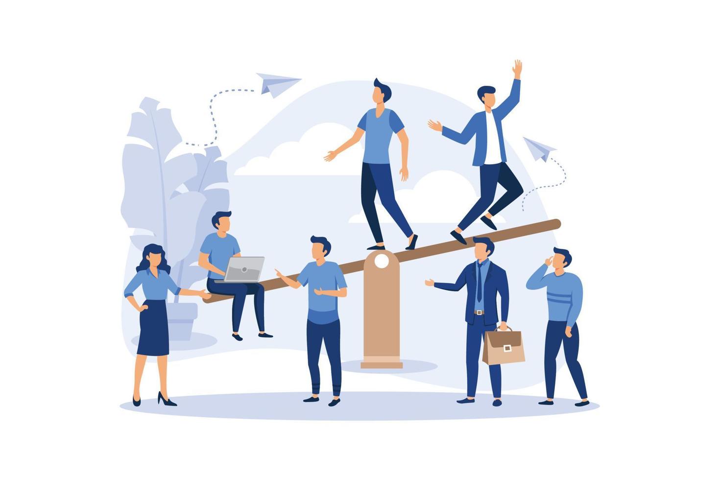 Premium Vector  Teamwork competition. worker comparison, people save  balance. boss looking at employee on scale, unbalanced company team utter  vector concept. comparison teamwork, heavy weigh team illustration