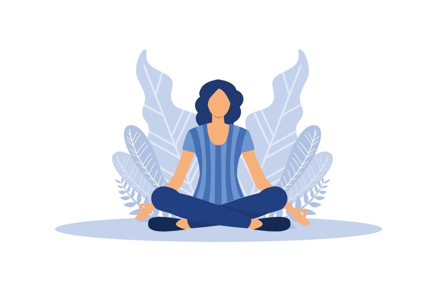 the concept of meditation, the health benefits for the body, mind and emotions, the girl sits in the lotus position, the thought process, the inception and the search for ideas vector flat design