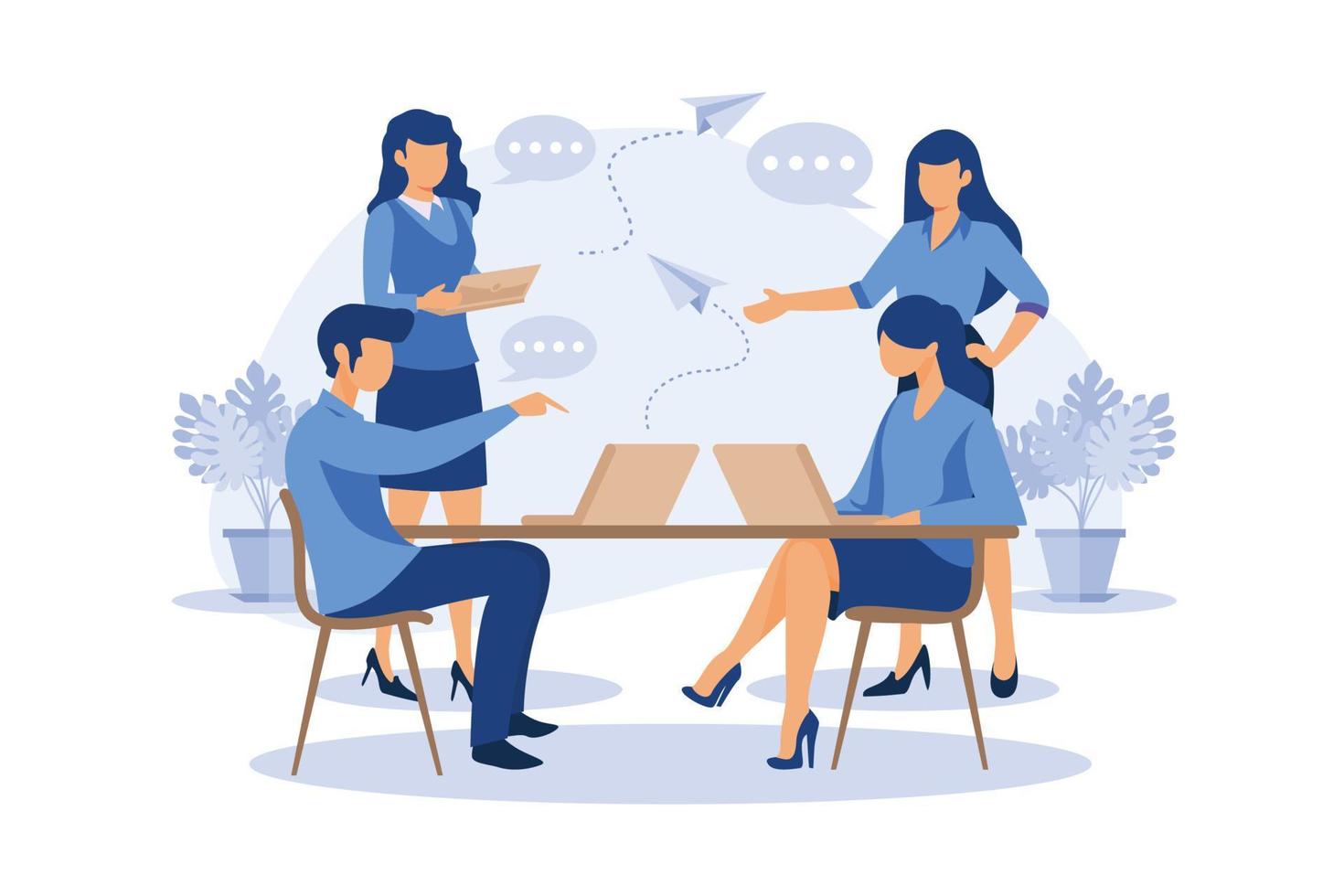 workers are sitting at the negotiating table, collective thinking and brainstorming, company information analytics flat design modern illustration vector