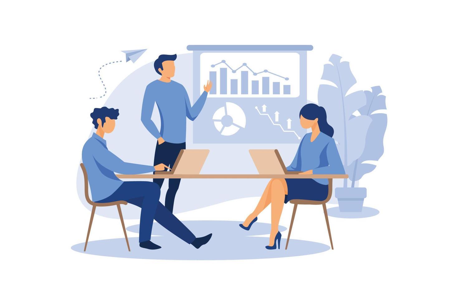 Vector illustration, workers are sitting at the negotiating table, collective thinking and brainstorming, company information analytics