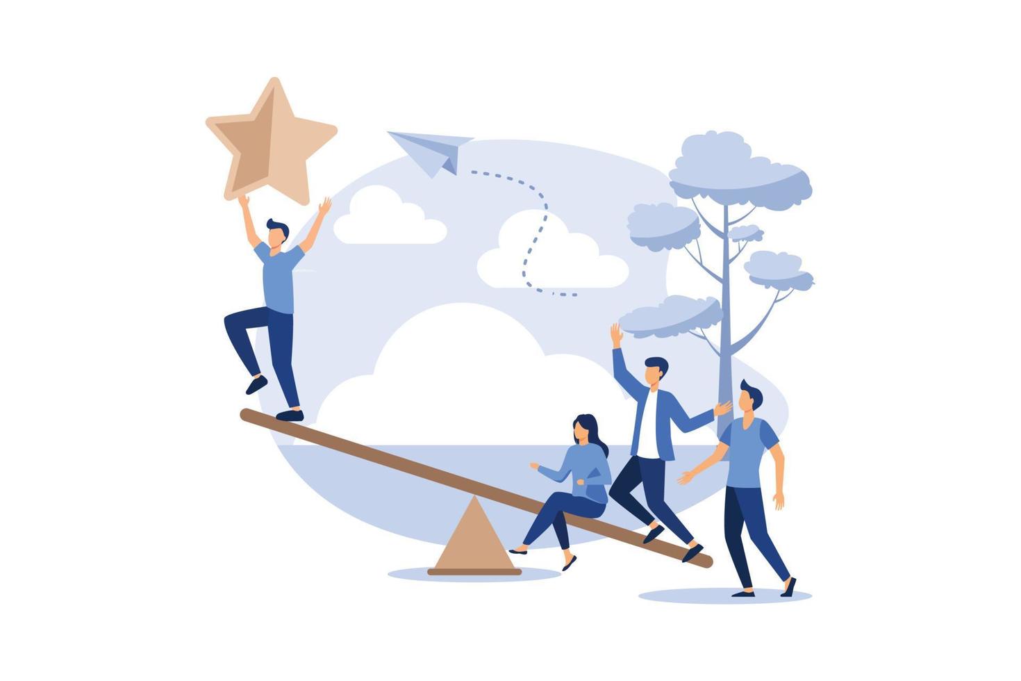 groups of people on a swing and outweighs them to get a star from the sky, achieving success vector flat modern design illustration