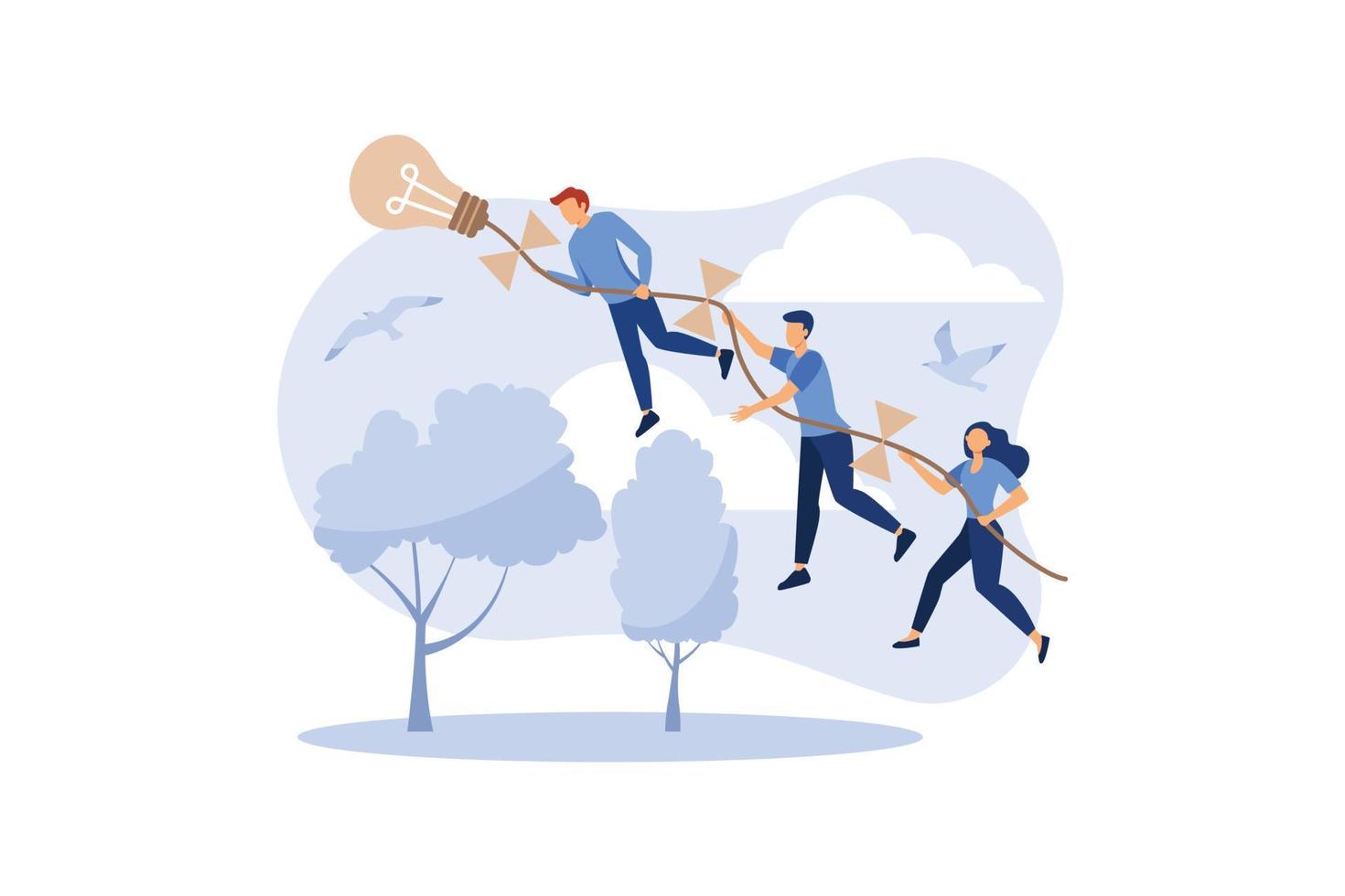 achievement concept, company of people holding a thread from a paper airplane light bulb, moving towards goals and ideas vector flat modern design illustration