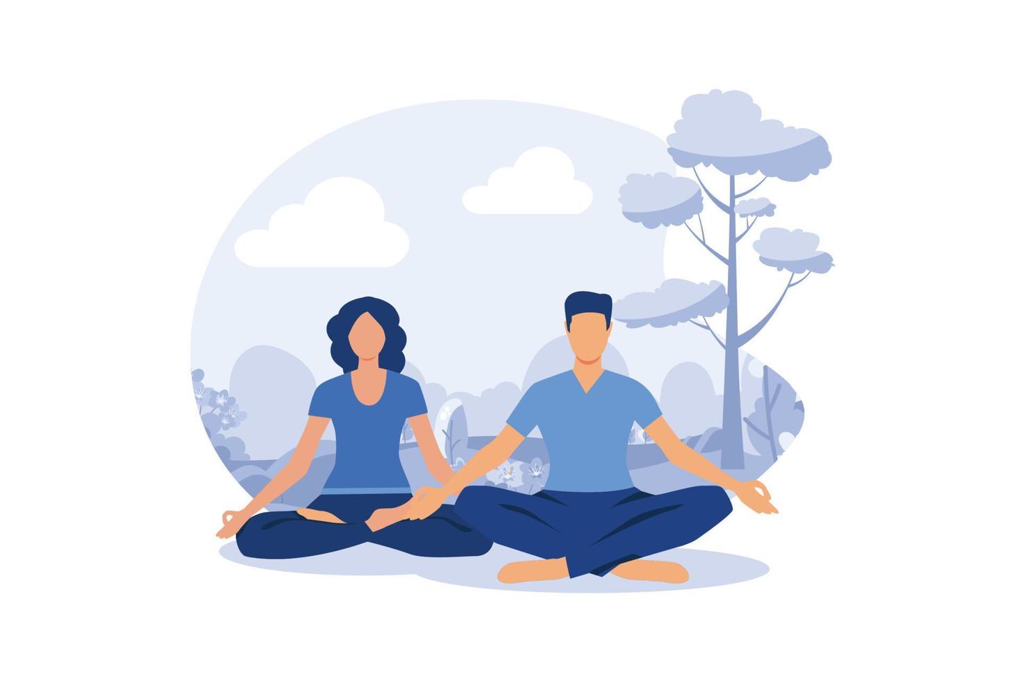 beneficios para la salud del yoga del cuerpo, la mente y las emociones, una mujer embarazada con su pareja en una pose de yoga medita. ilustración moderna de diseño plano vector