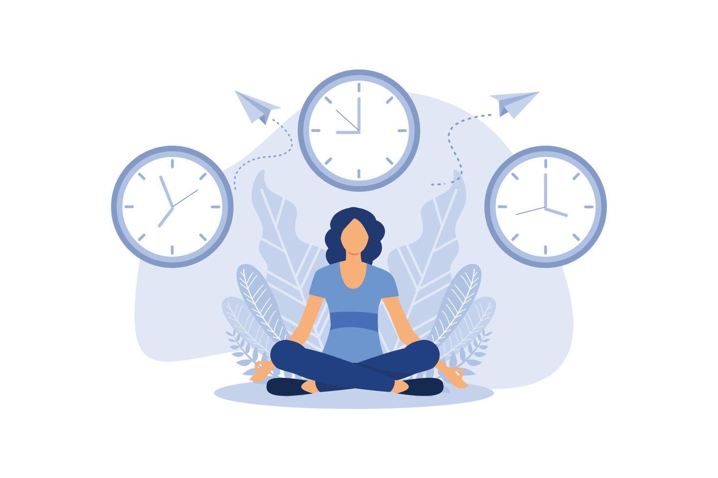 concept of meditation during working hours, break, health benefits of the body, mind and emotions, thought process vector flat modern design illustration