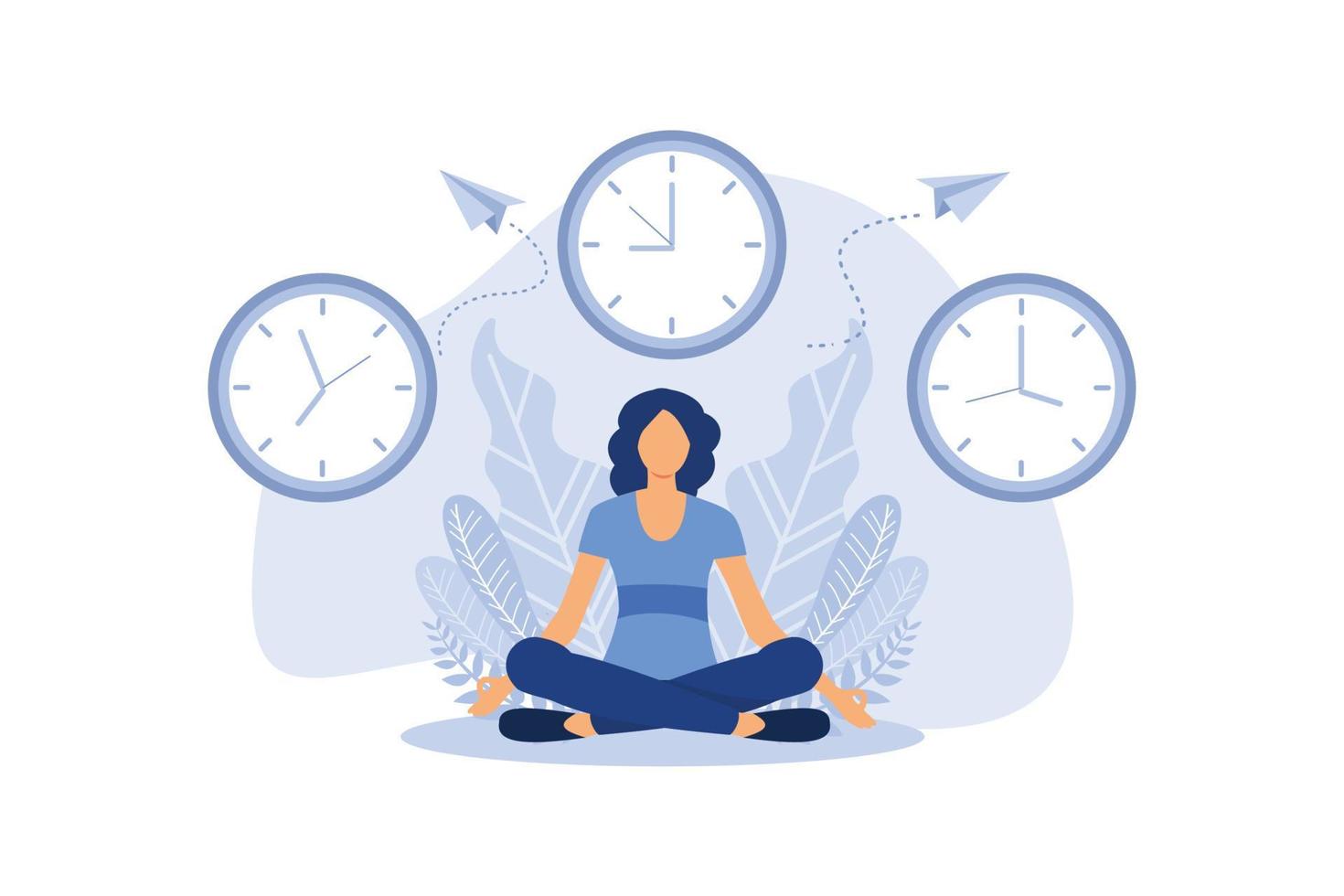 concepto de meditación durante las horas de trabajo, descanso, beneficios para la salud del cuerpo, la mente y las emociones, proceso de pensamiento vector plano ilustración de diseño moderno