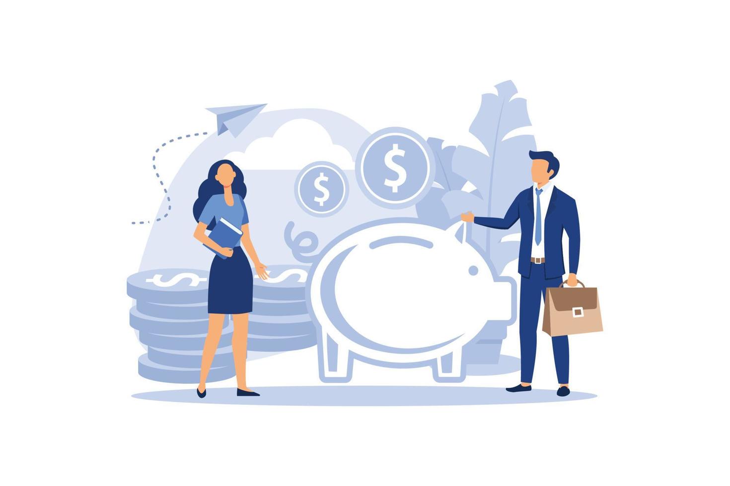 a large piggy bank in the form of a piglet on a white background, small bankers are engaged in work, saving or accumulating money, a coin box with falling vector flat modern design