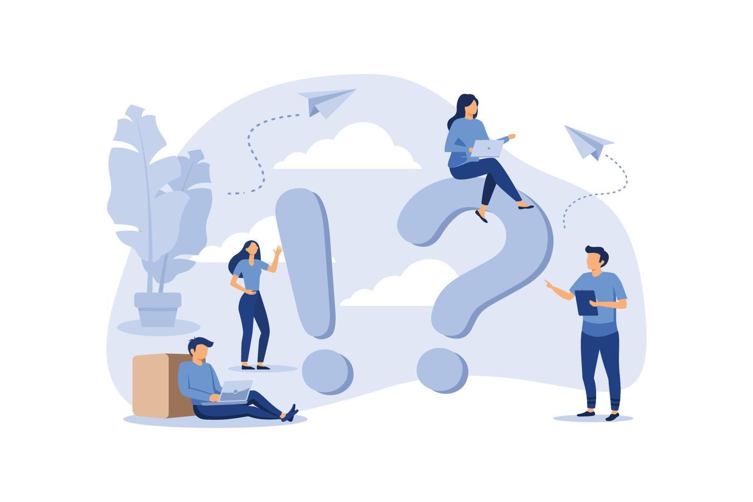 concept illustration of people frequently asked questions around question marks, answer to question metaphor vector flat modern design illustration