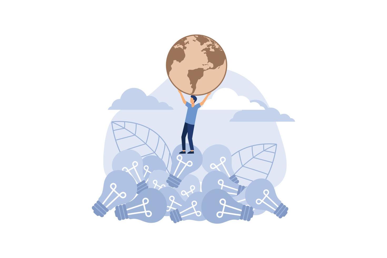 Man saves the planet from pollution by standing on a pile of garbage and holding the planet in his hands, save the planet, Earth Day concept vector flat modern design illustration