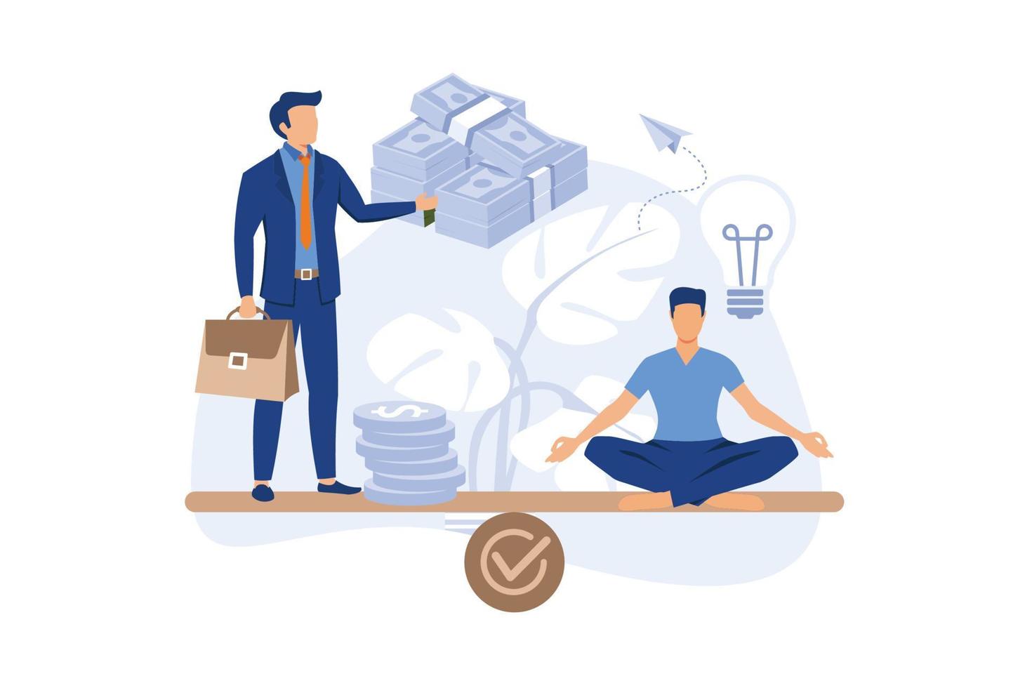 trabajo en equipo y cursos de ocio y yoga para empresas. buen equilibrio entre idea, tiempo y trabajo. metáfora creativa el tiempo es vector de dinero. ilustración moderna de diseño plano