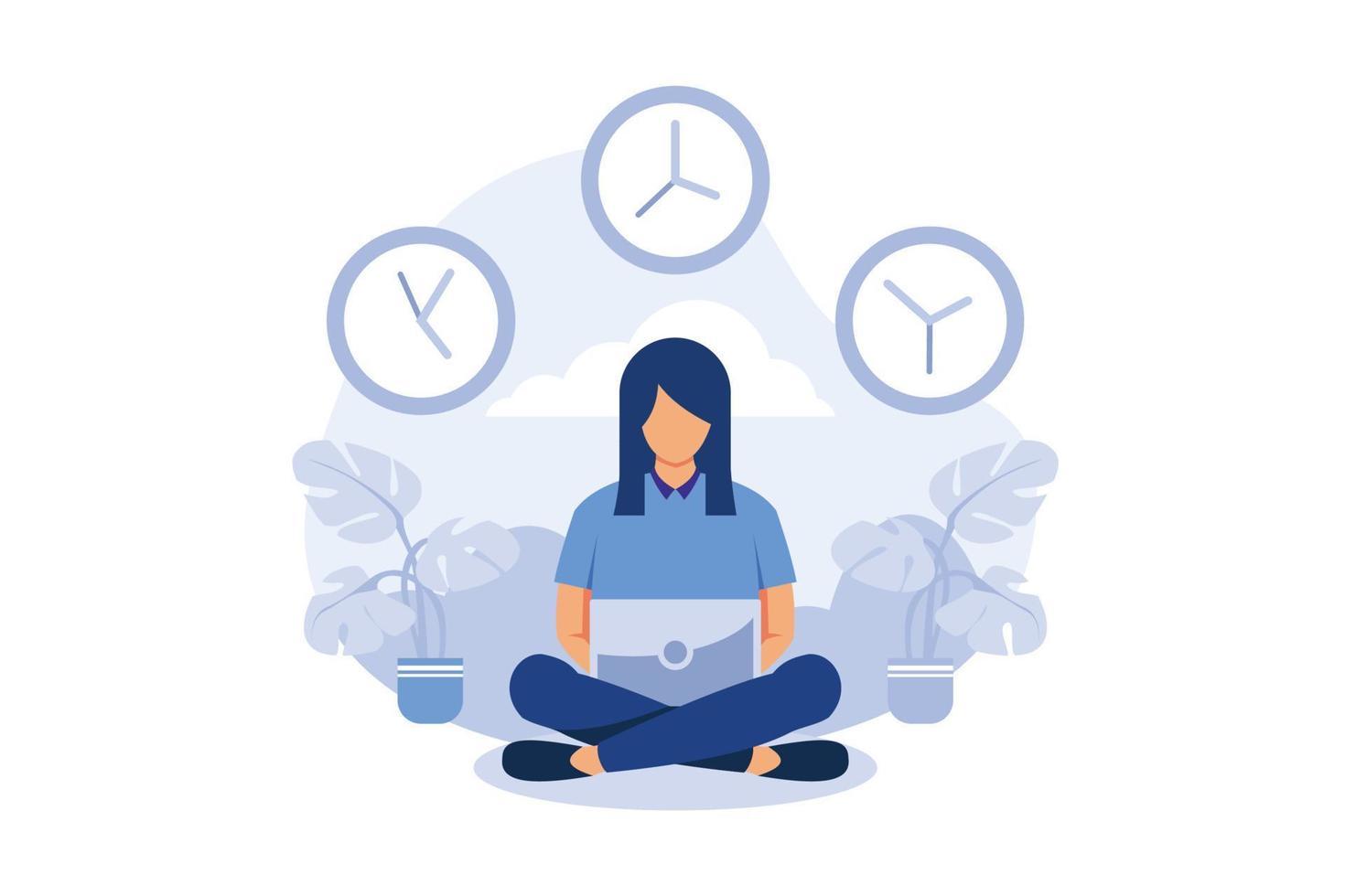 meditación durante las horas de trabajo, descanso, beneficios para la salud del cuerpo, la mente y las emociones diseño plano ilustración moderna vector