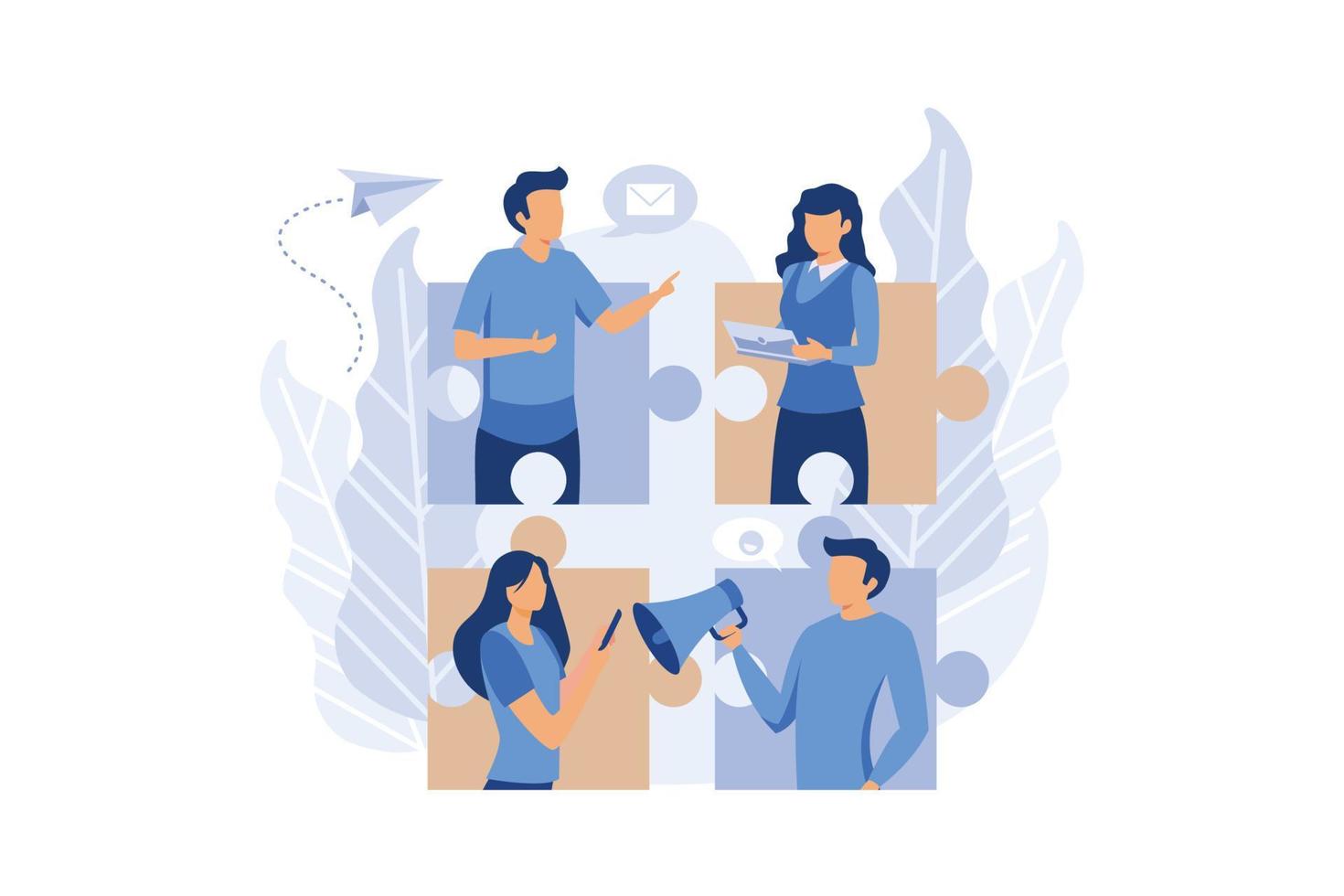 internet communication, team metaphor, people connecting puzzle elements social networks, chat, video, vector, website, search for friends, mobile web graphics flat design modern illustration vector