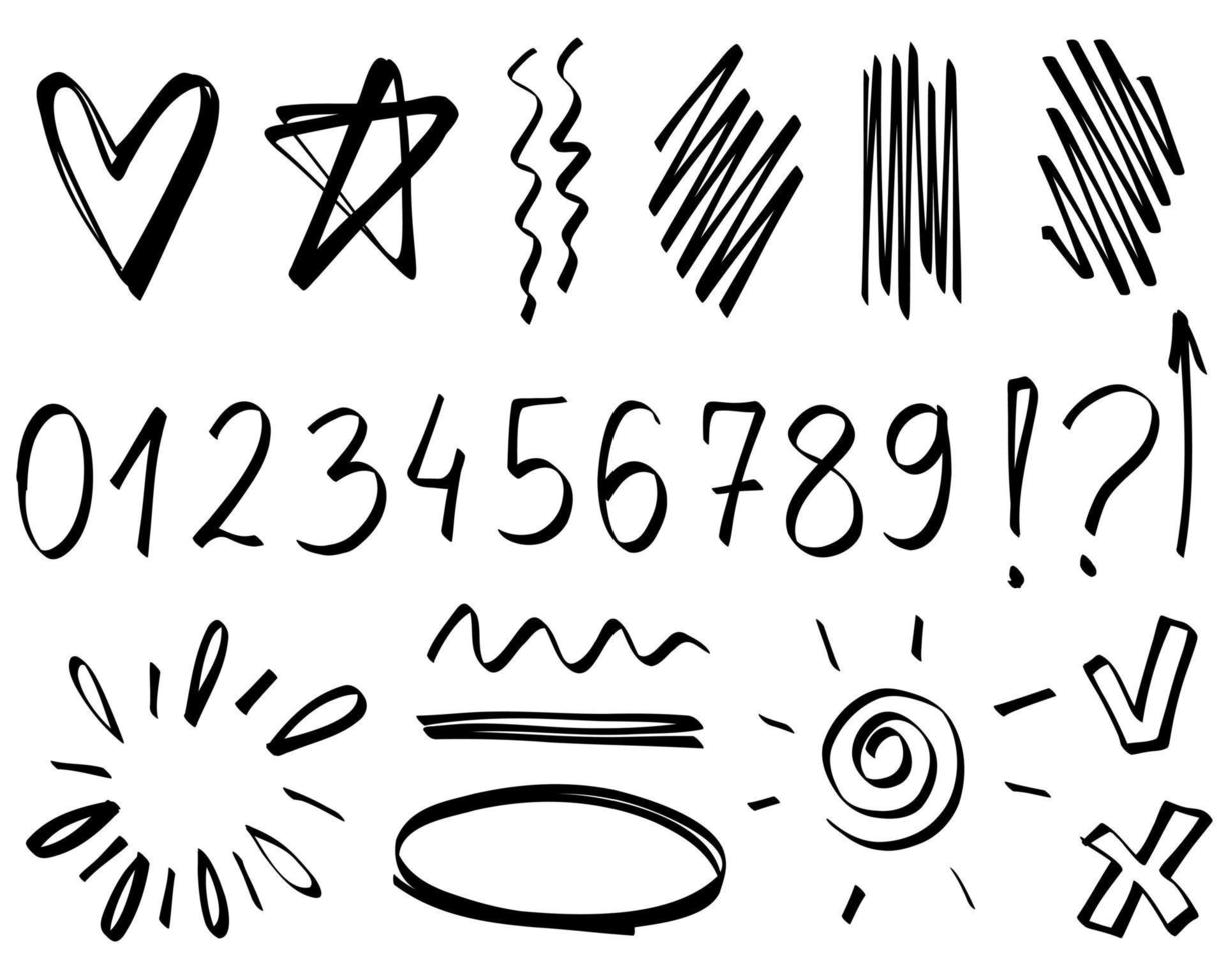 Doodle frames line numbers star question. Sketch set cute isolated line collection for office. vector