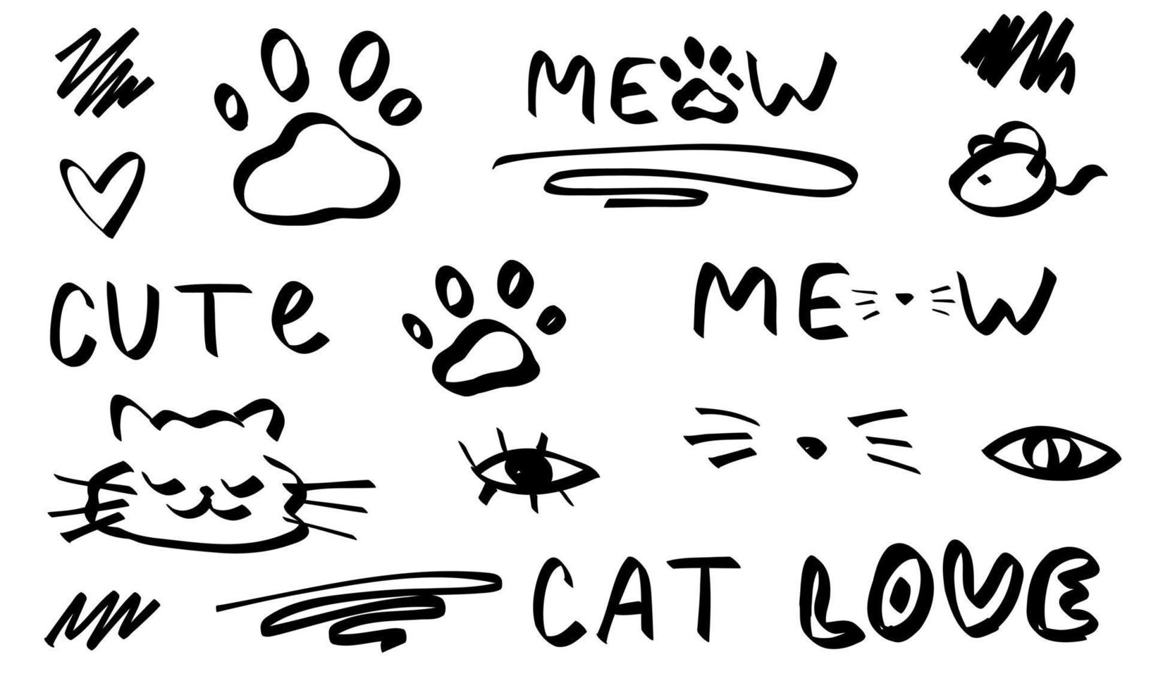 Doodle cats, paws, meow text. Sketch set cute isolated line collection for pets. vector