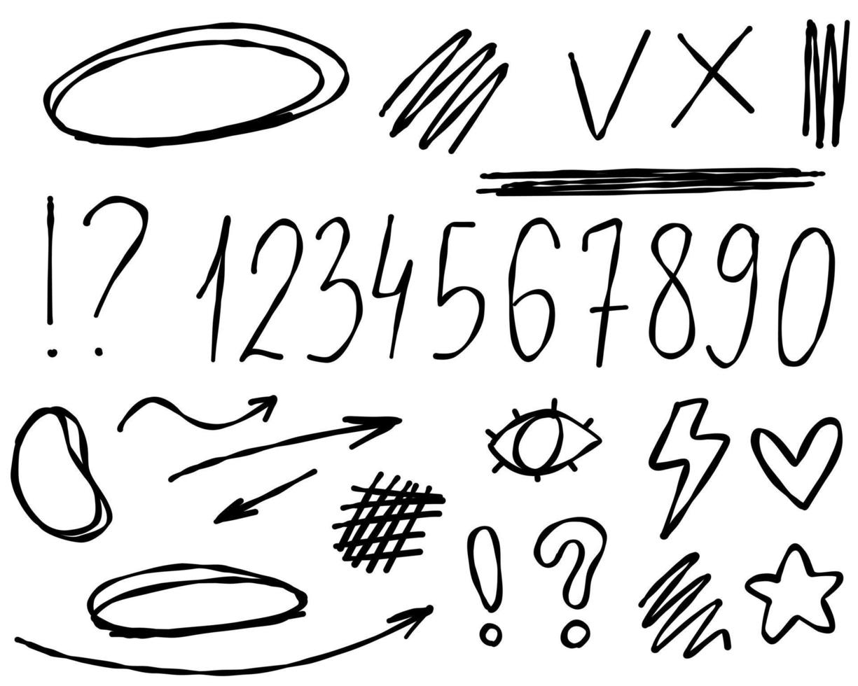 Doodle marcos línea flechas estrella pregunta texto. conjunto de bocetos linda colección de líneas aisladas para la oficina. vector