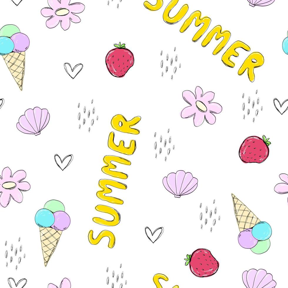Hand drawn summer seamless pattern with strawberry, abstract, hearts, food doodle. Cute vector for paper, fabric, book, kitchen, children.