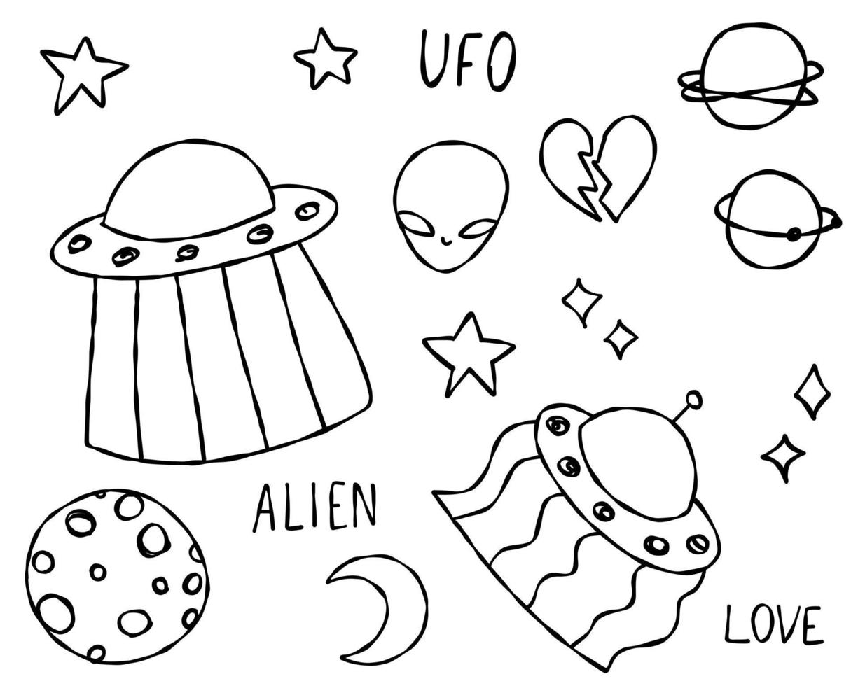 Vetor de Cosmic background. UFO, alien in love seamless pattern in doodle  style. Children's contour illustrations with Flying Saucers. Print sample  for fabric, wallpaper do Stock