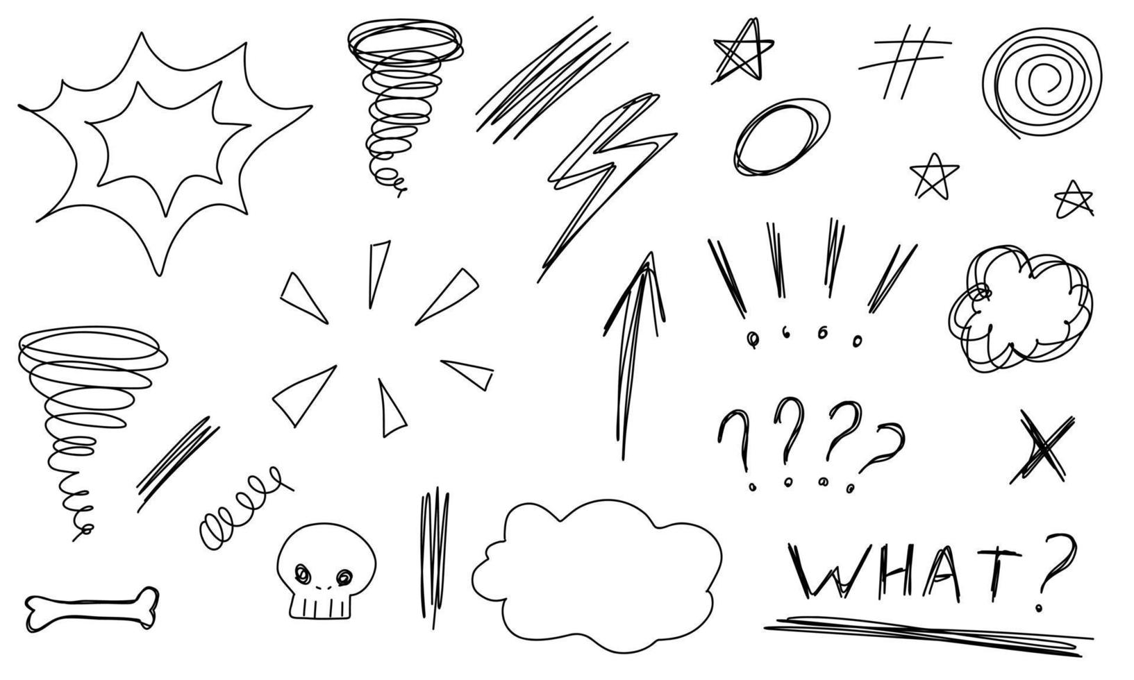 Doodle tornado, nature, mountains, arrow, stars, skull, text. Sketch set cute isolated line collection. vector