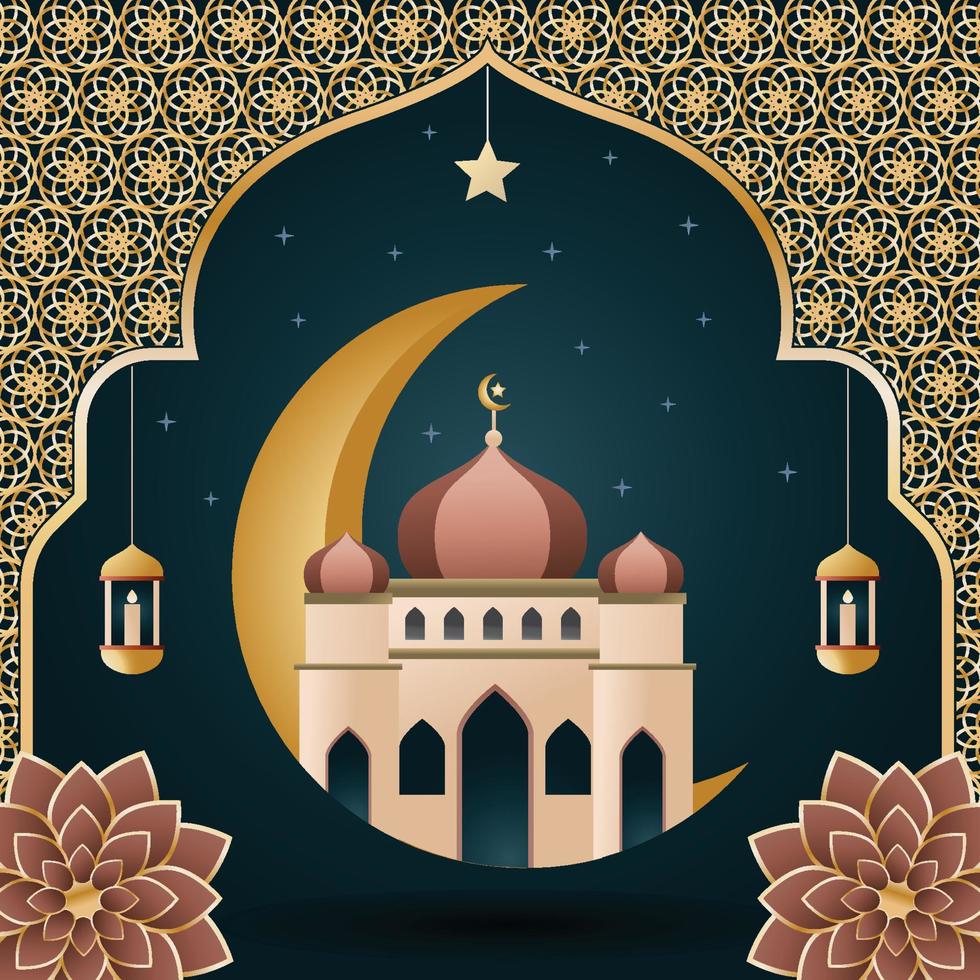 eid mubarak con luna y mezquita vector