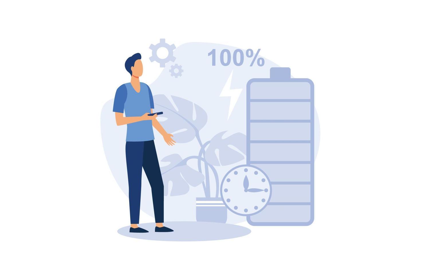 usuarios y rendimiento y duración de la batería con indicador de carga y tiempo. tiempo de ejecución de la batería, tecnología de tiempo de ejecución extendido, concepto de duración prolongada de la batería. vector