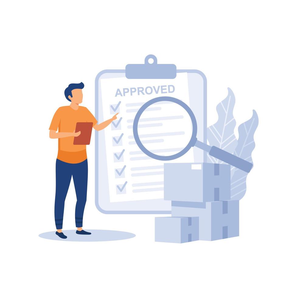 Person looking at boxes through magnifying glass and check list. Concept of product quality control, inspection or test procedure focused on fulfilling requirements. Modern flat vector illustration.