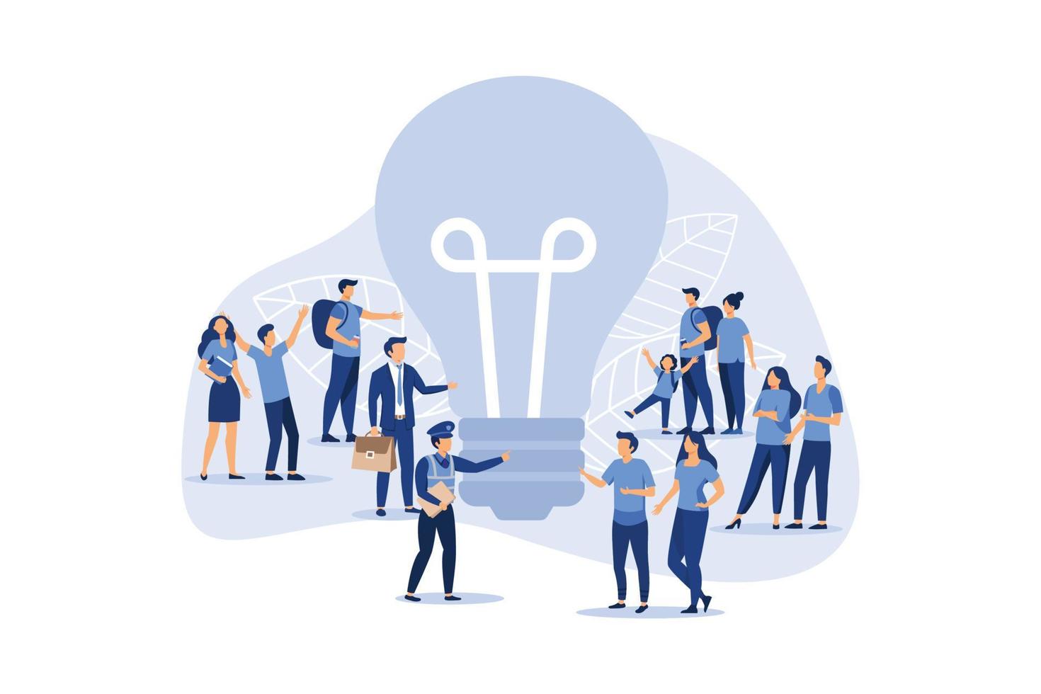 business meeting and brainstorming, business concept for teamwork, search for new solutions, small people look at the big light bulb in search of ideas vector flat modern design illustration