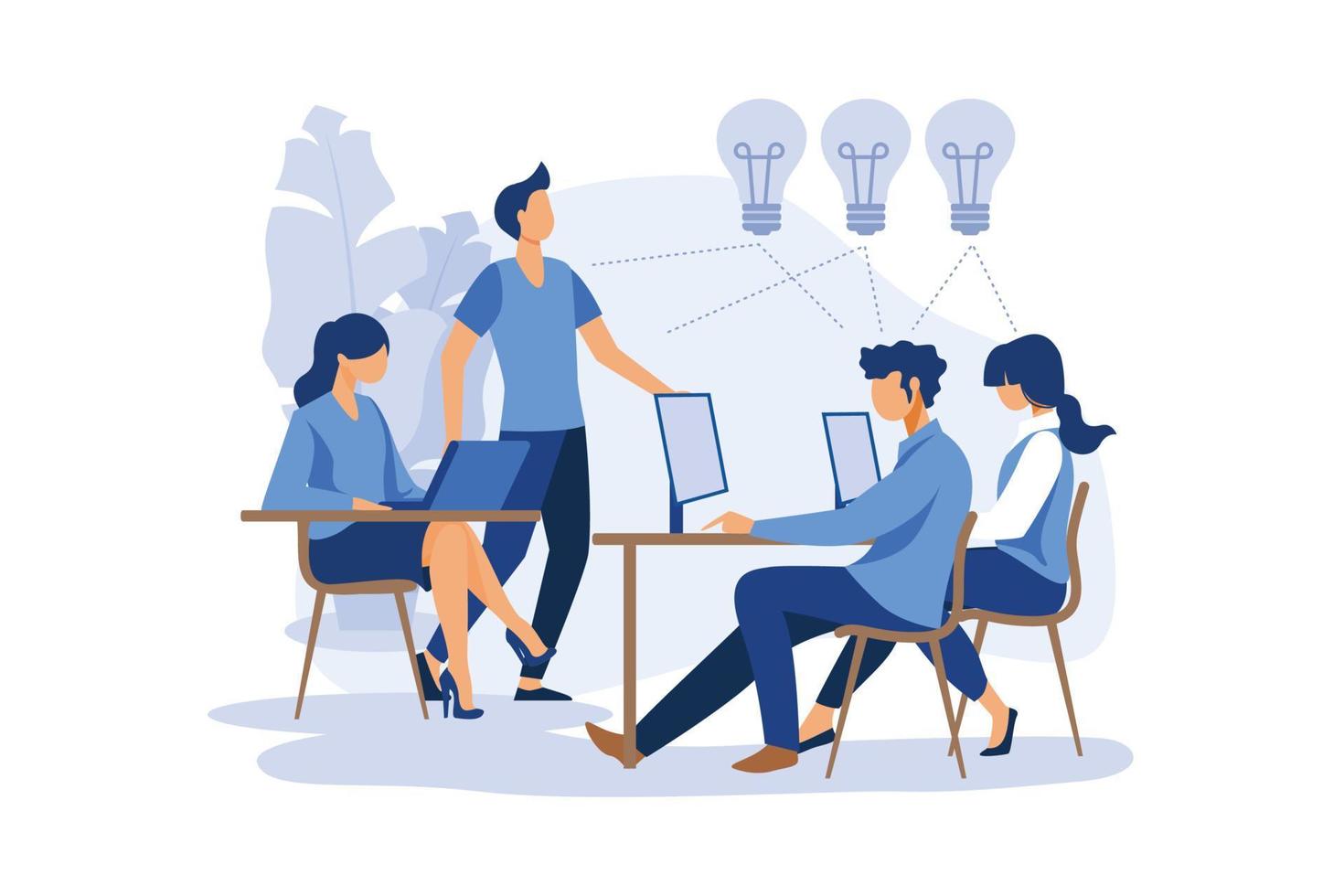 business meeting and brainstorming, business concept for teamwork, searching for new solutions, little people are sitting on light bulbs in search of ideas flat modern design illustration vector