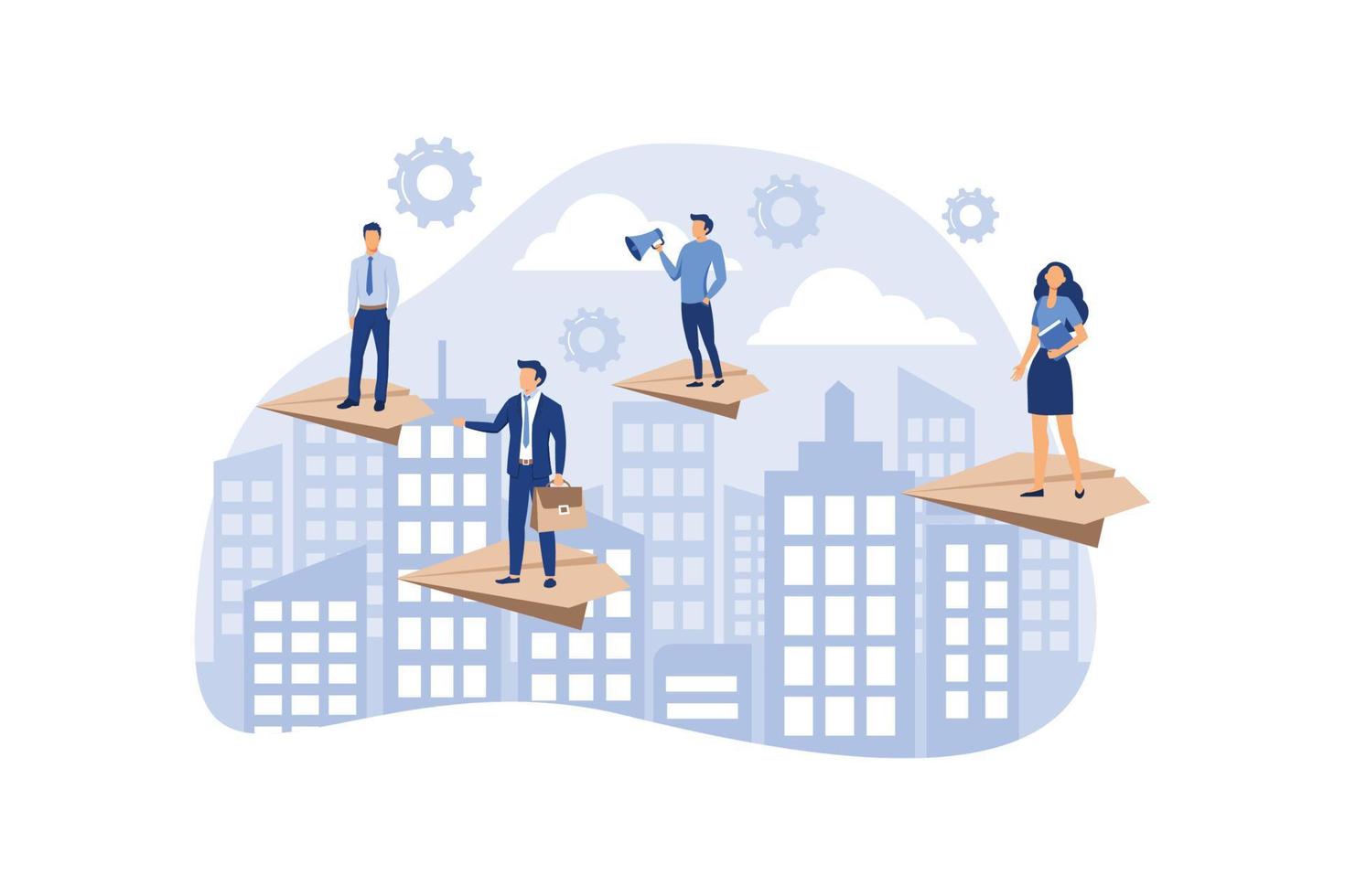 man seeks up on a paper plane, achieving a goal, the path to success is motivation, career advancement, search for ideas, teamwork vector flat modern design illustration