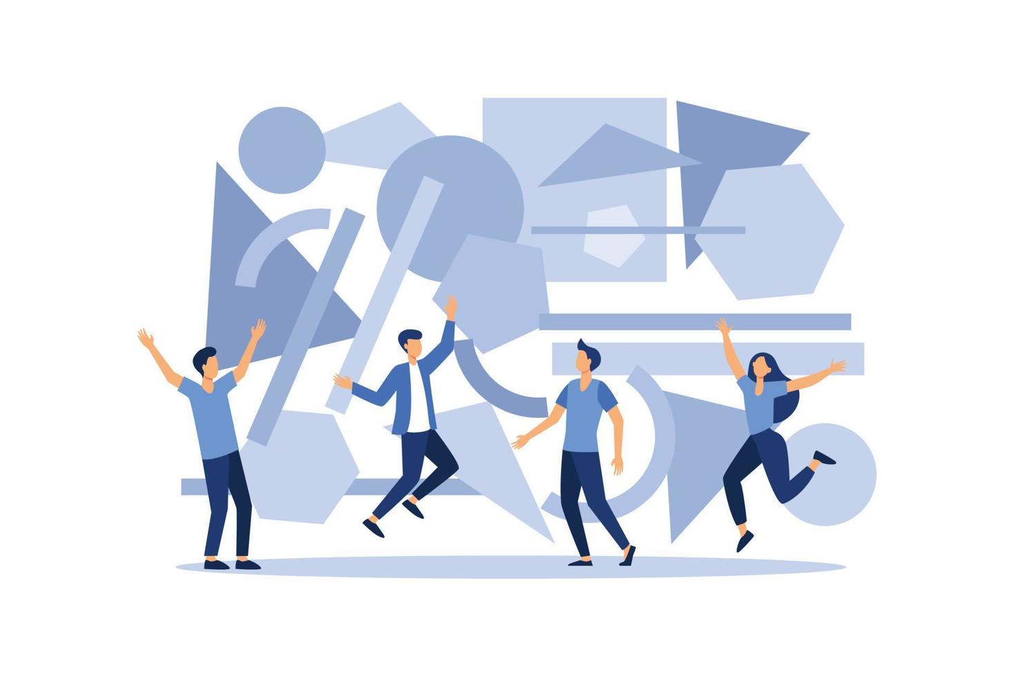 A team of people assemble an abstract geometric puzzle. characters collect geometric shapes vector flat modern design illustration