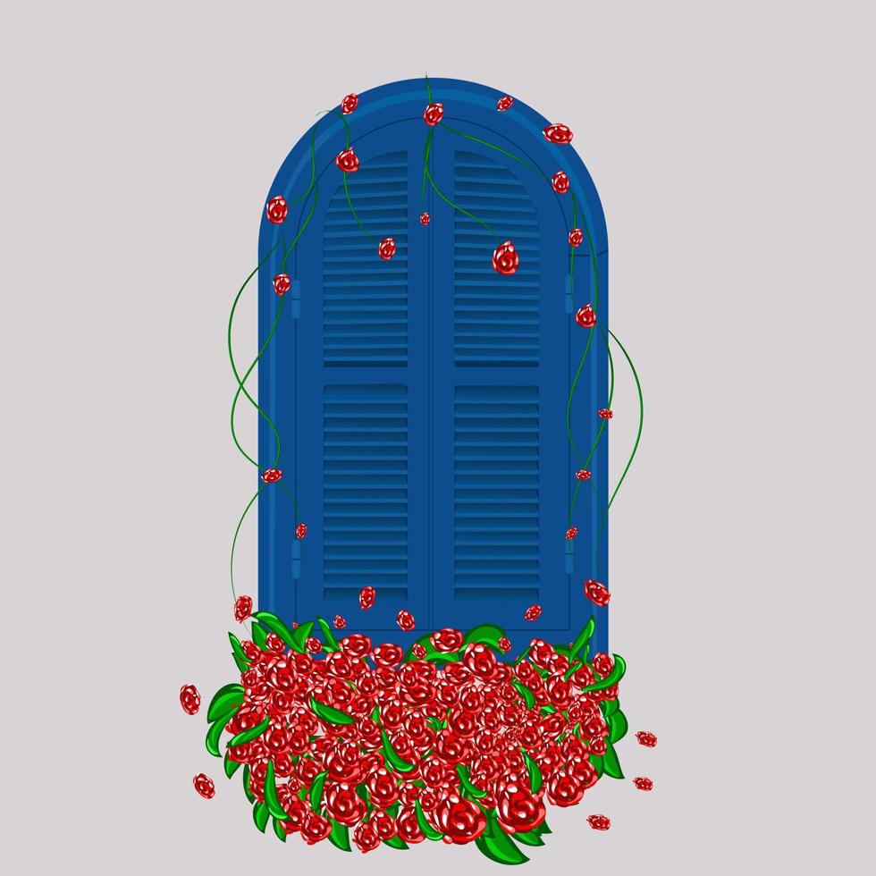 hermosa ventana azul con rosas rojas. vector