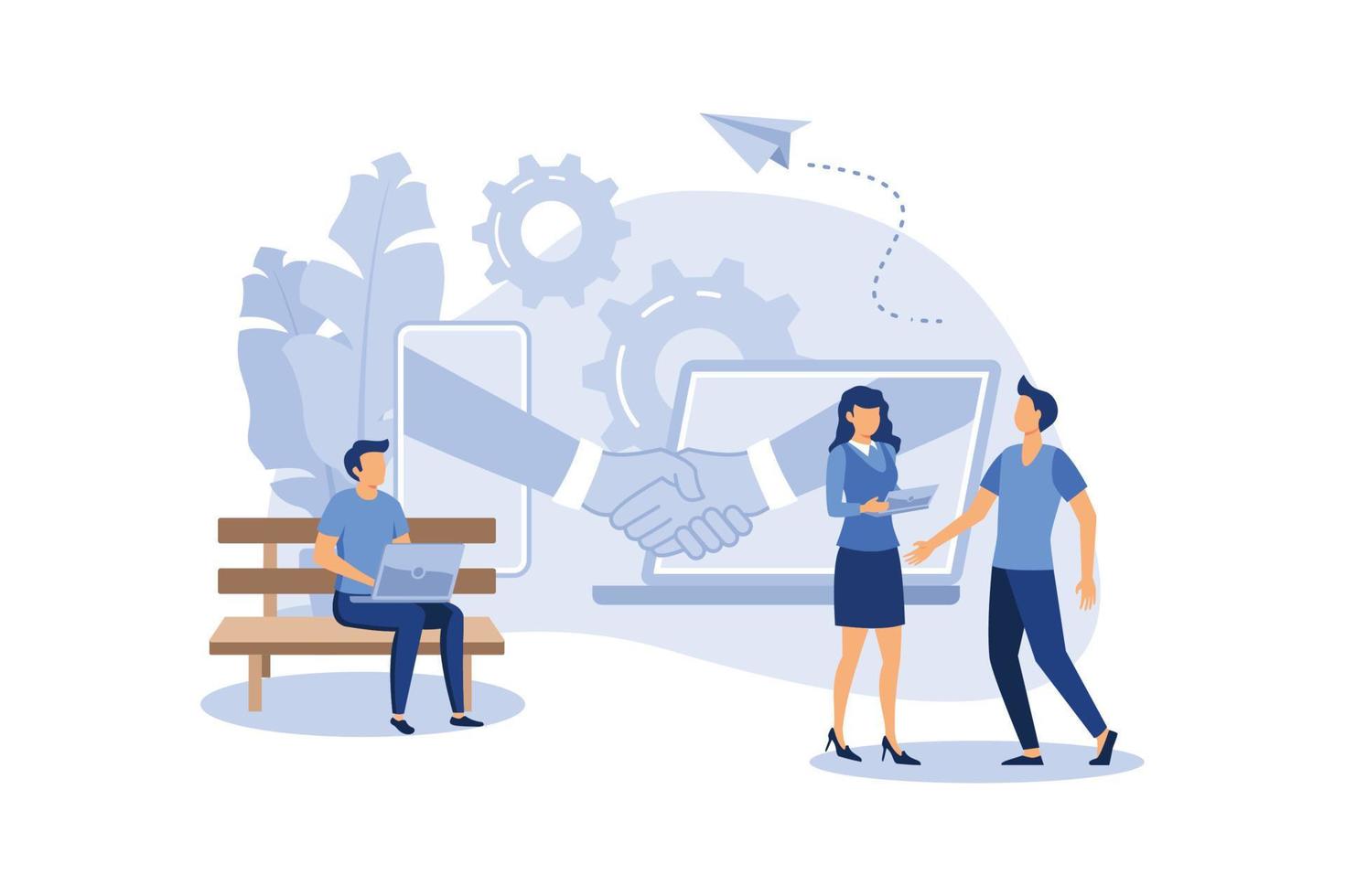 online conclusion of the transaction. the opening of a new startup. business handshake, via phone and laptop. vector illustration in a flat style investor holds money in ideas online vector flat