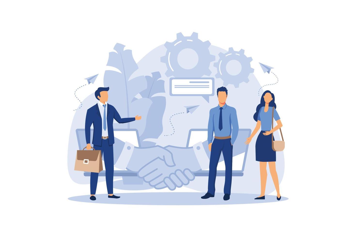 online conclusion of the transaction. the opening of a new startup. business handshake, via phone and laptop flat modern design illustration vector