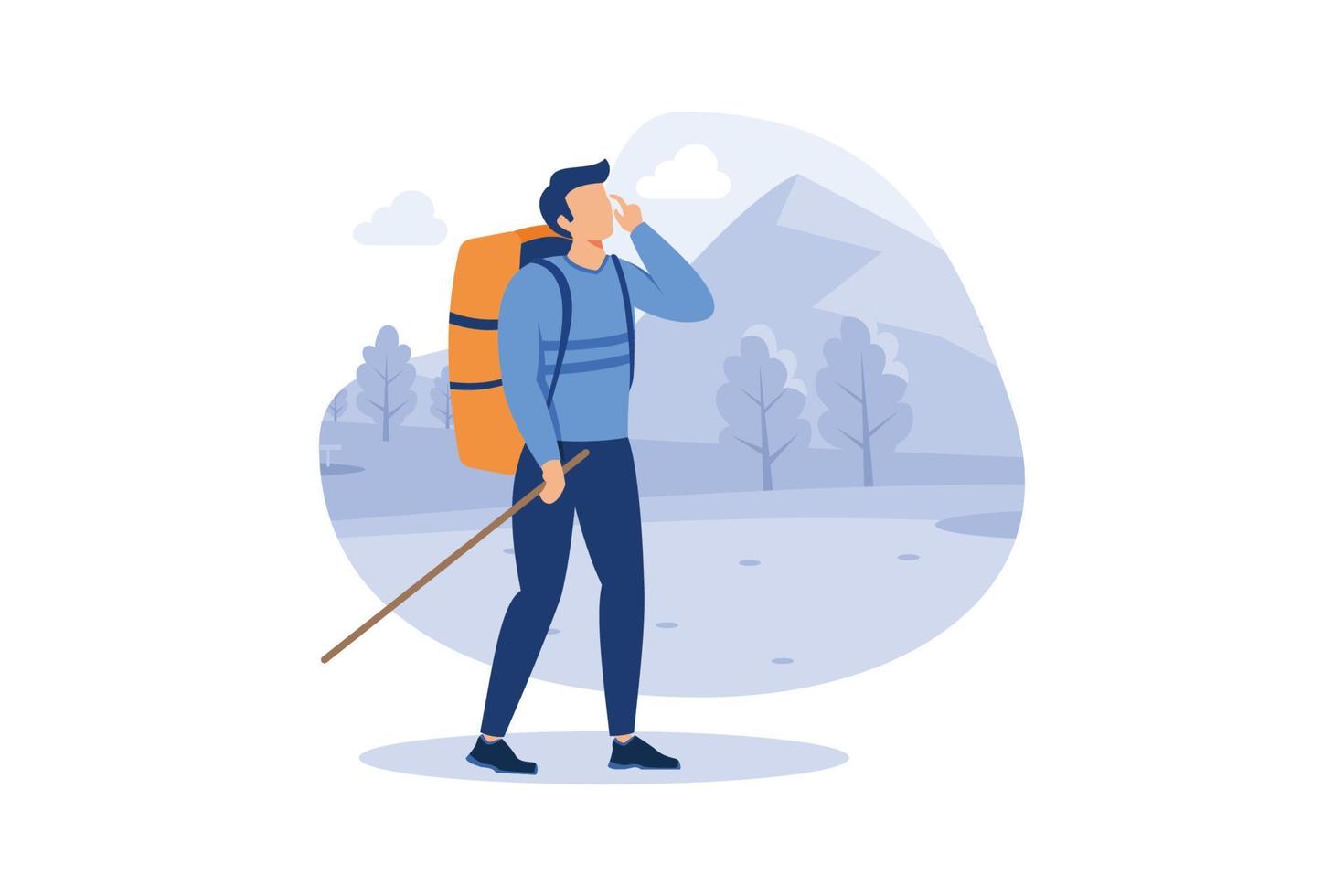 Man with backpack, traveller or explorer standing on top of mountain or cliff and looking on valley. Concept of discovery, exploration, hiking, adventure tourism and travel. Hiking flat illustration vector