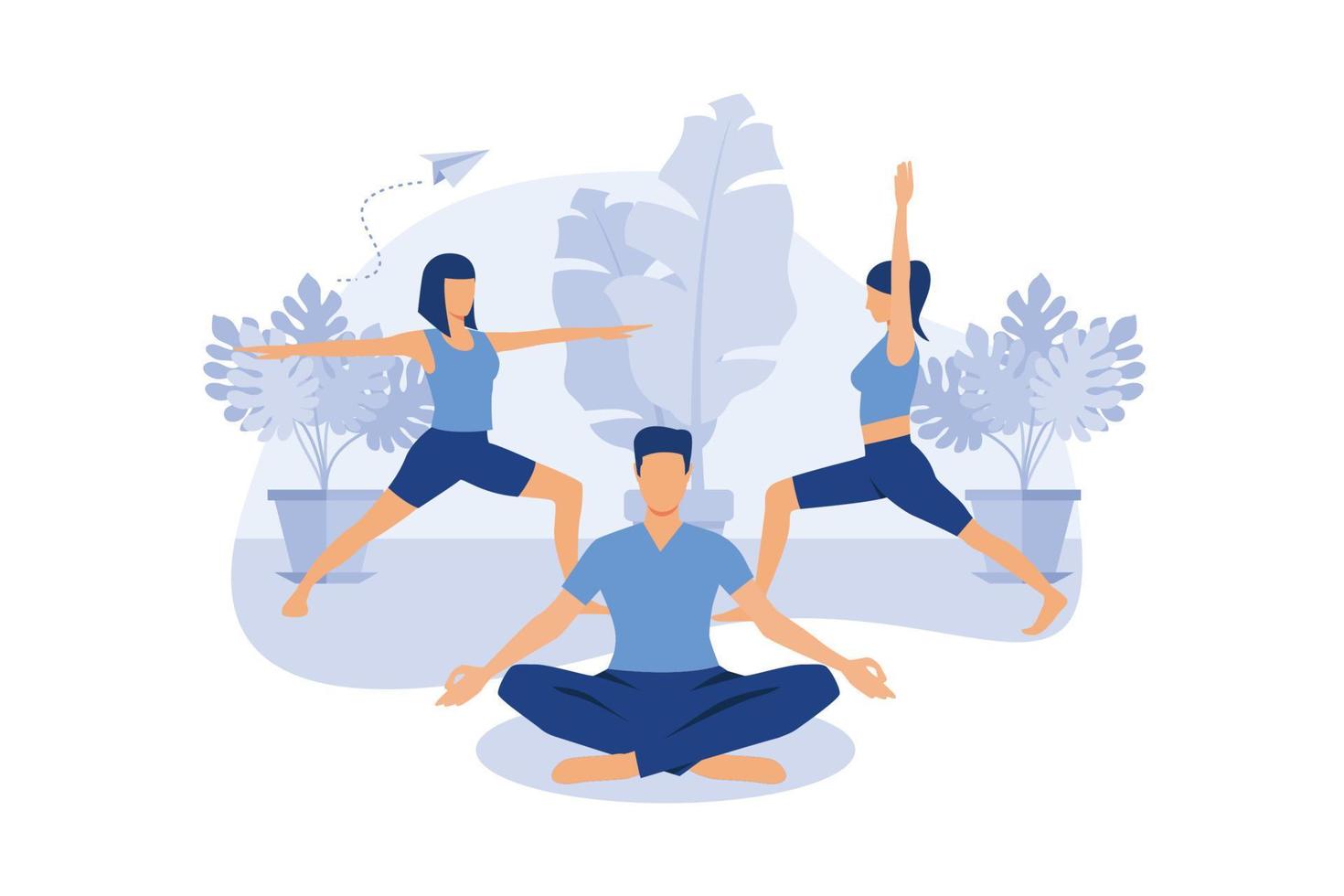 concepto de horas de trabajo meditación, descanso, yoga de vapor, beneficios para la salud del cuerpo, la mente y las emociones, proceso de pensamiento. ilustración moderna de diseño plano vector