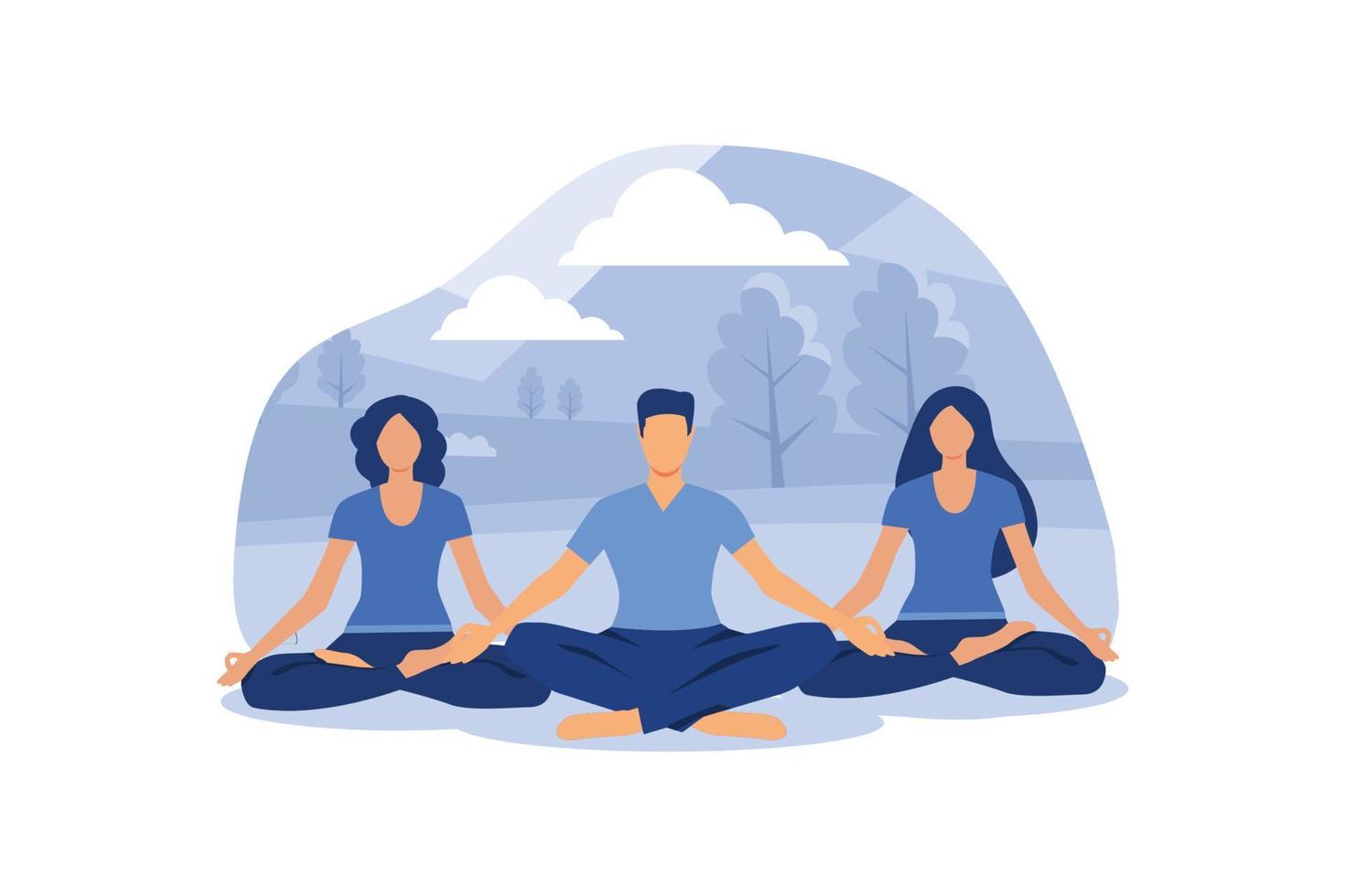 concepto de meditación, vector, beneficios de yoga para la salud del cuerpo. mente y emociones, ilustración de diseño moderno plano de vector de proceso de pensamiento