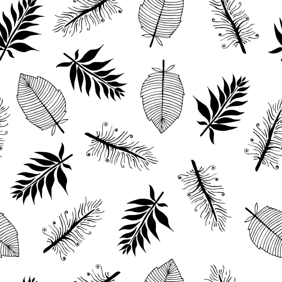 Seamless vector pattern with branches and leaves. Abstract botanical elements on a white background. Hand-drawn black doodles.