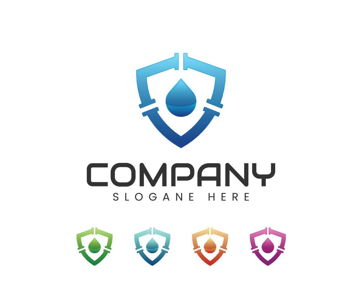 Water drop plumbing and shield logo design vector