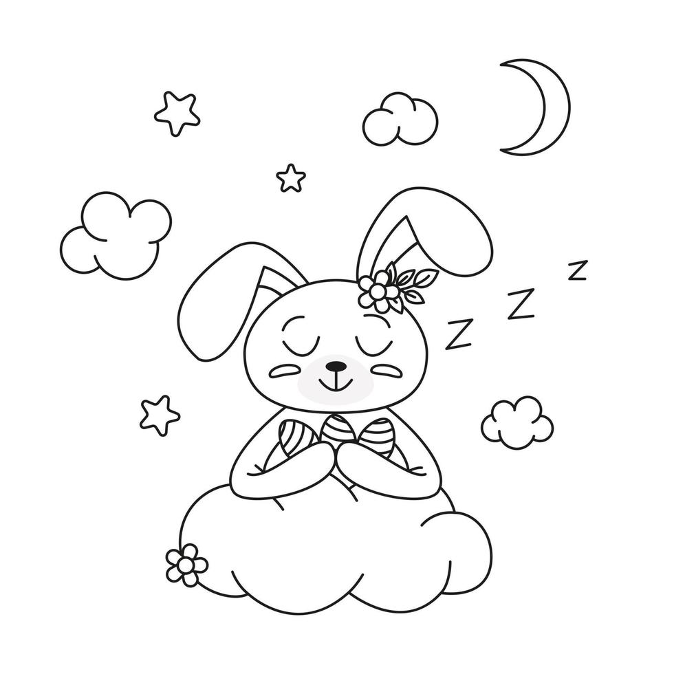 Happy Easter rabbit in doodle style. Cute outline rabbit, bunny for coloring. Rabbit Bunny Cartoon Outline Coloring Book or page for kids. Illustration Vector. vector