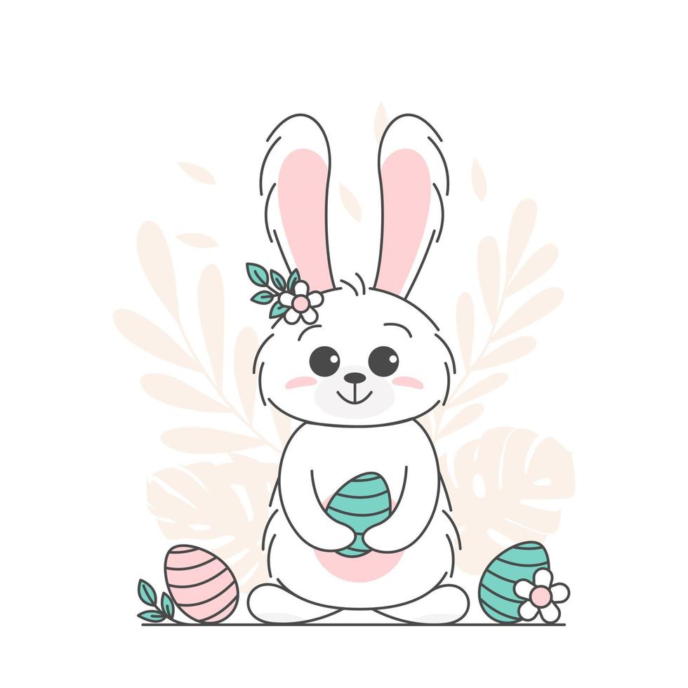 tarjeta de pascua con conejo y huevos. tarjeta de felicitación de Pascua feliz y plantilla de ilustración vectorial. lindo diseño para invitación, tarjeta, menú, volante, pancarta, afiche, cupón. huevos y orejas de conejo vector