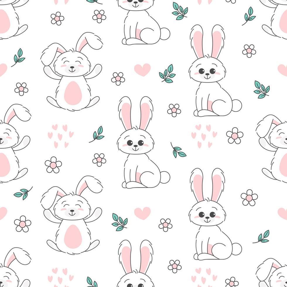 Seamless Pattern of Cute bunny, baby and children concept. Happy easter rabbits different poses cartoon characters. Bunny with floral leafs. Design for baby, kids poster, card, invitaton. Vector