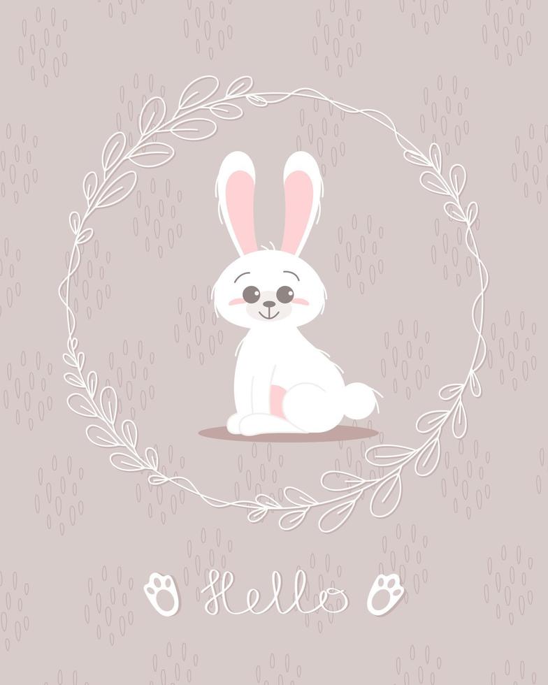 lindo concepto de conejito, bebé y niños. felices conejos de pascua diferentes poses personajes de dibujos animados. tarjeta con lindo conejito. conejito con hojas florales. diseño para bebé, afiche para niños, tarjeta, invitación. vector