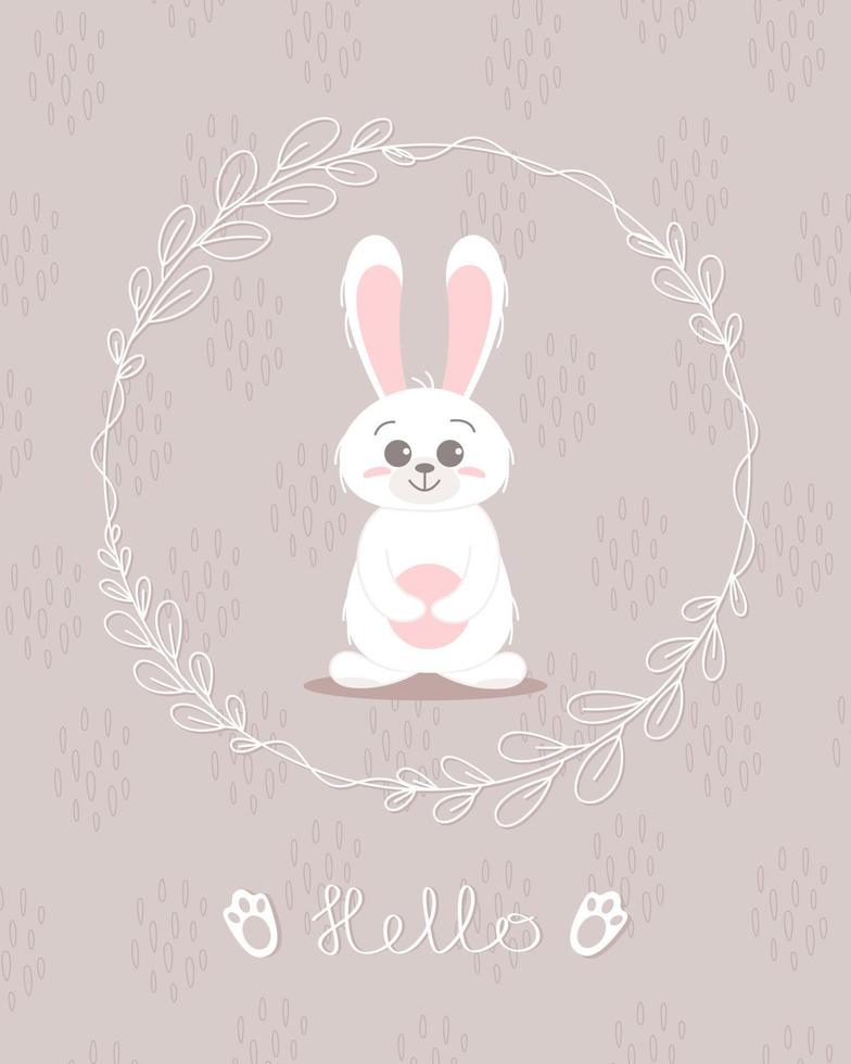 lindo concepto de conejito, bebé y niños. felices conejos de pascua diferentes poses personajes de dibujos animados. tarjeta con lindo conejito. conejito con hojas florales. diseño para bebé, afiche para niños, tarjeta, invitación. vector