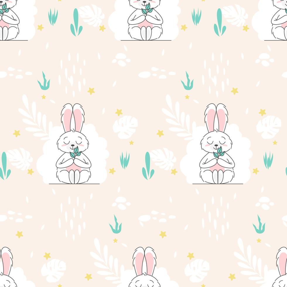 Seamless Pattern of Cute bunny, baby and children concept. Happy easter rabbits different poses cartoon characters. Bunny with floral leafs. Design for baby, kids poster, card, invitaton. Vector
