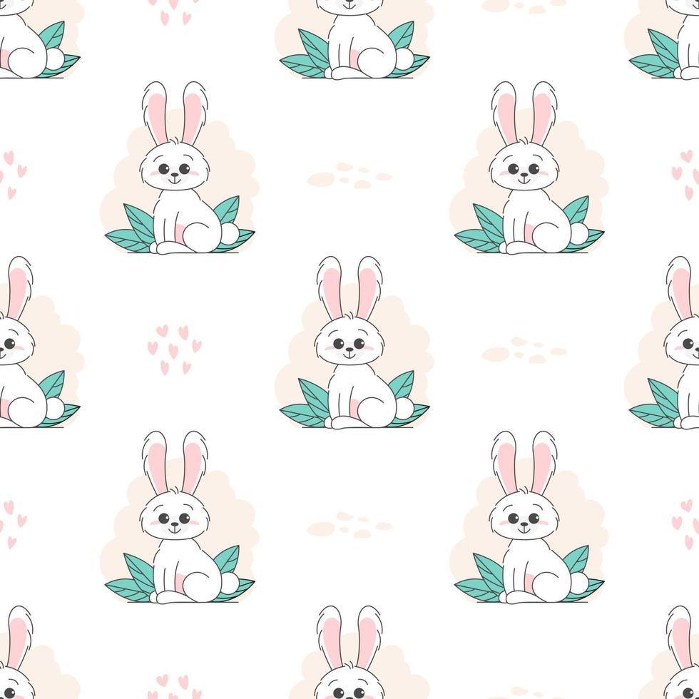 Seamless Pattern of Cute bunny, baby and children concept. Happy easter rabbits different poses cartoon characters. Bunny with floral leafs. Design for baby, kids poster, card, invitaton. Vector