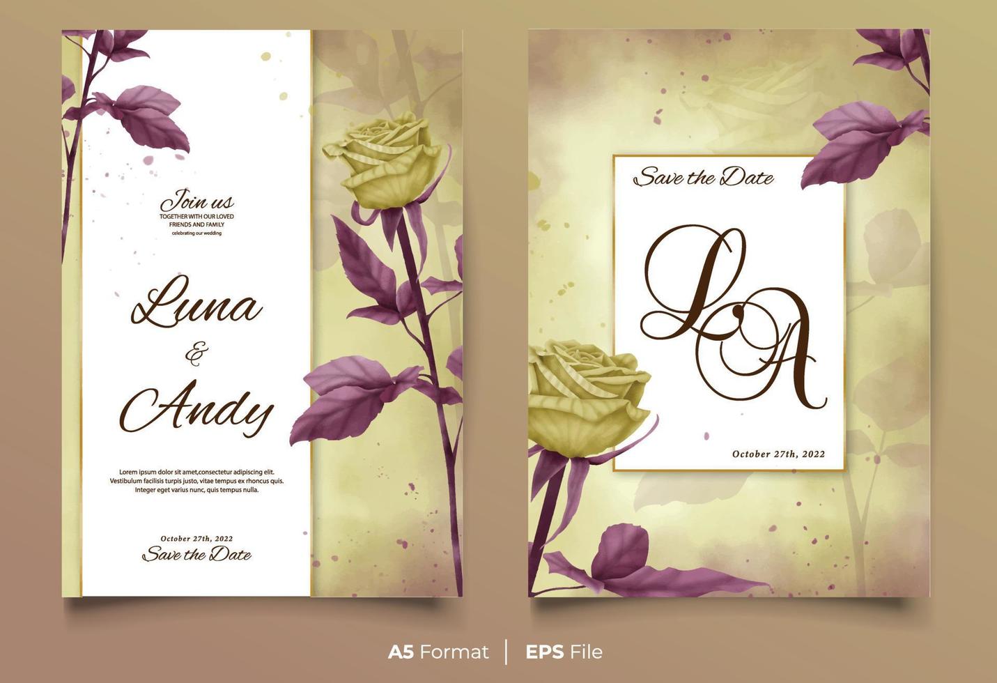 Watercolor wedding invitation with yellow and red roses flower ornament vector