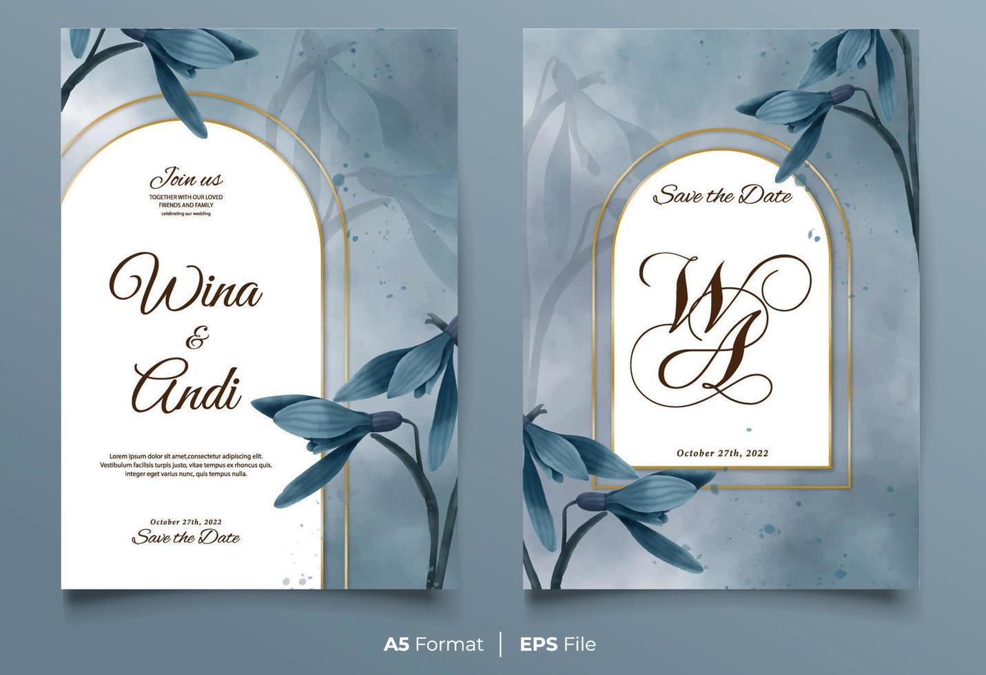 Watercolor wedding invitation with dark blue flower ornament vector
