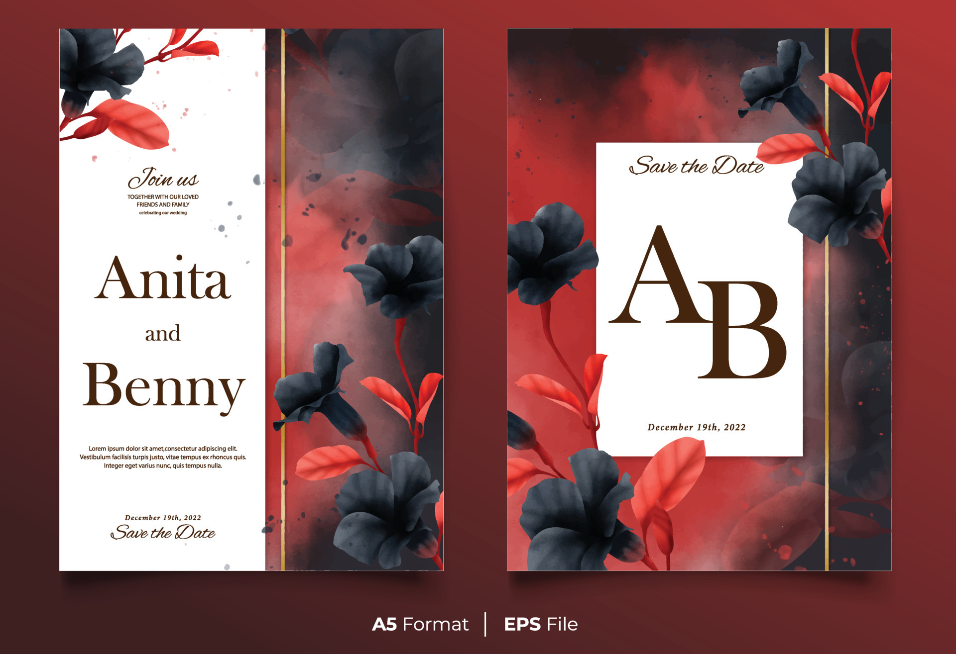 Watercolor wedding invitation template with black and red flower Watercolor wedding invitation template with black and red flower