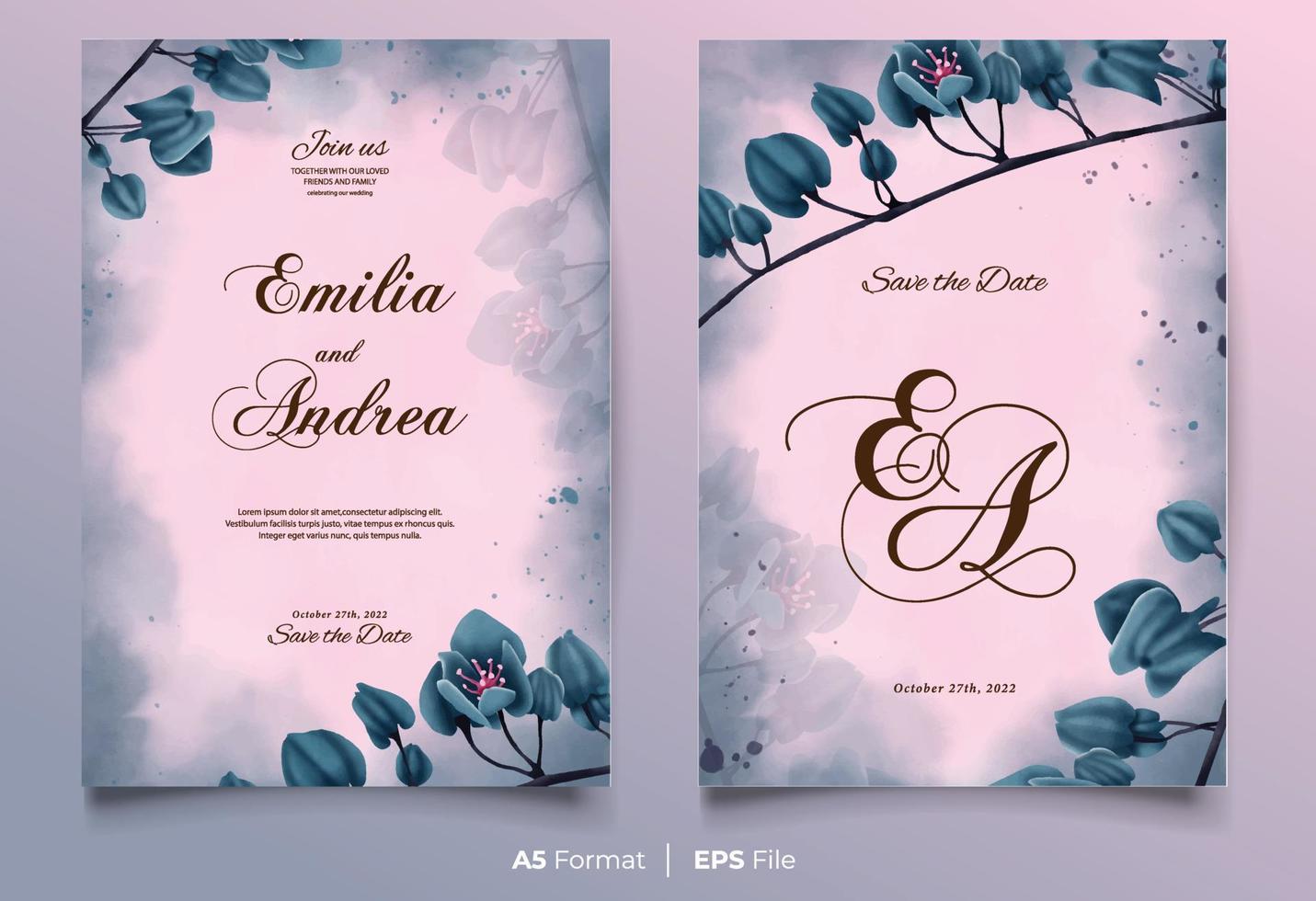 Watercolor wedding invitation with dark blue flower ornament vector